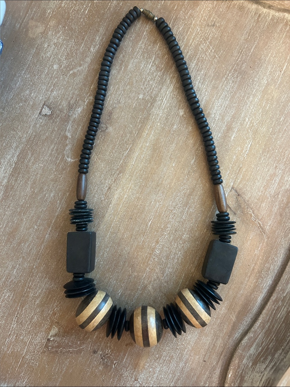 Wooden Statement Bead Necklace - Black & Natural